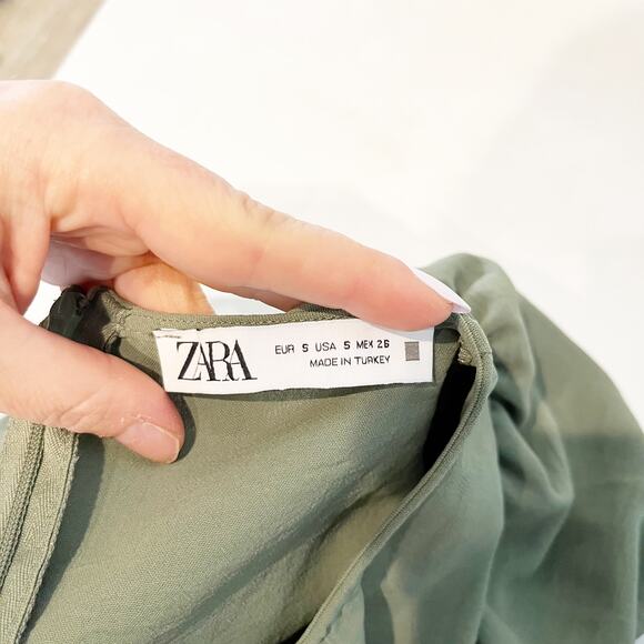 Zara Short Puff Sleeve Round Neck Cut Out A-Line Midi Dress Green Small - Picture 2 of 10